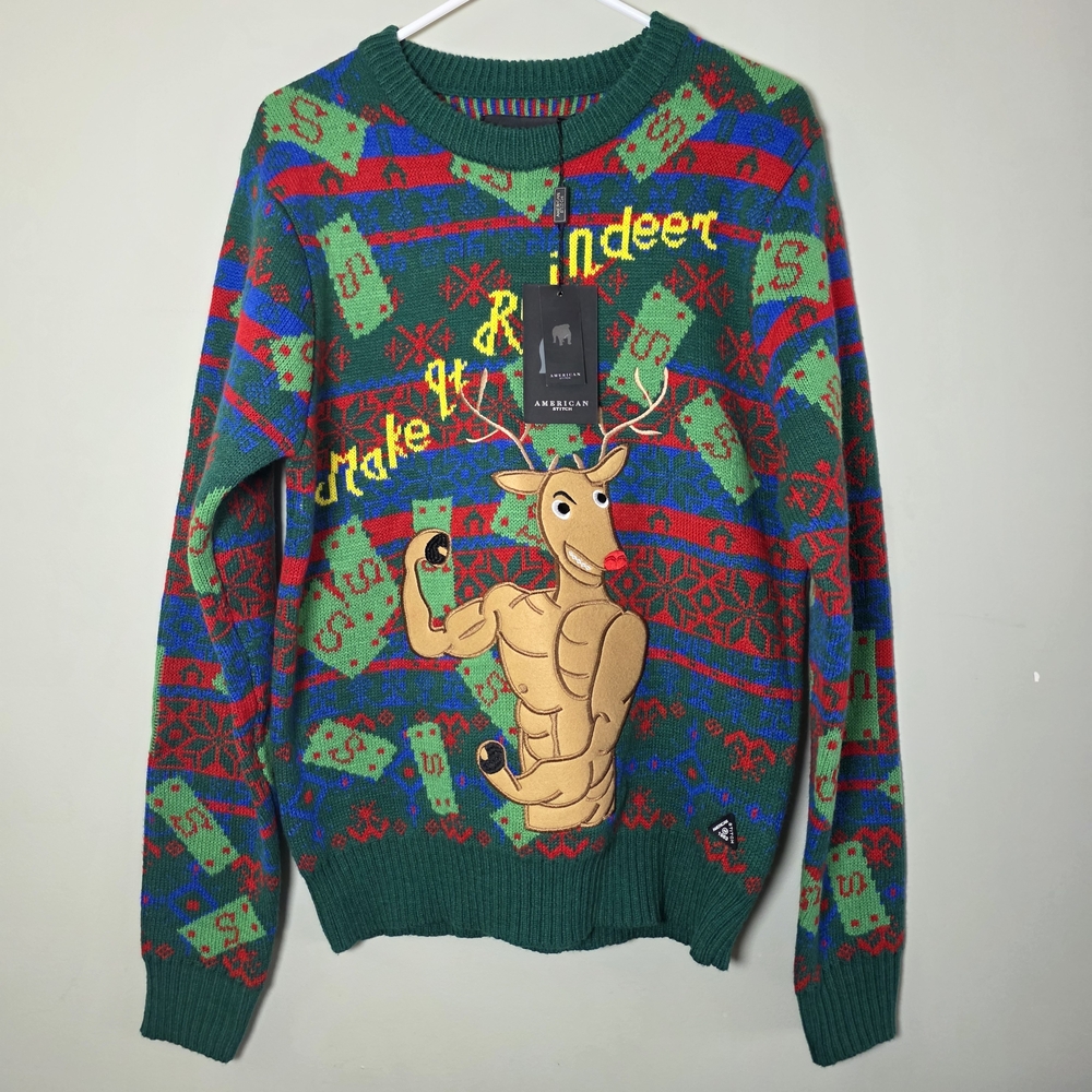 Men’s American Stitch Green and Red Ugly Christmas Sweater Make It Reindeer L